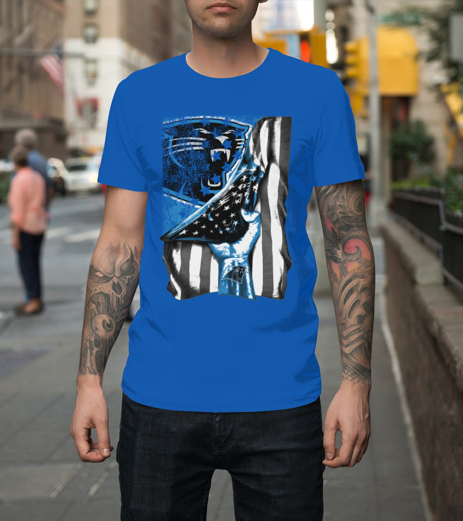 Carolina Panthers American Flag Hand Blue Graphic Fan Merchandise T-Shirt