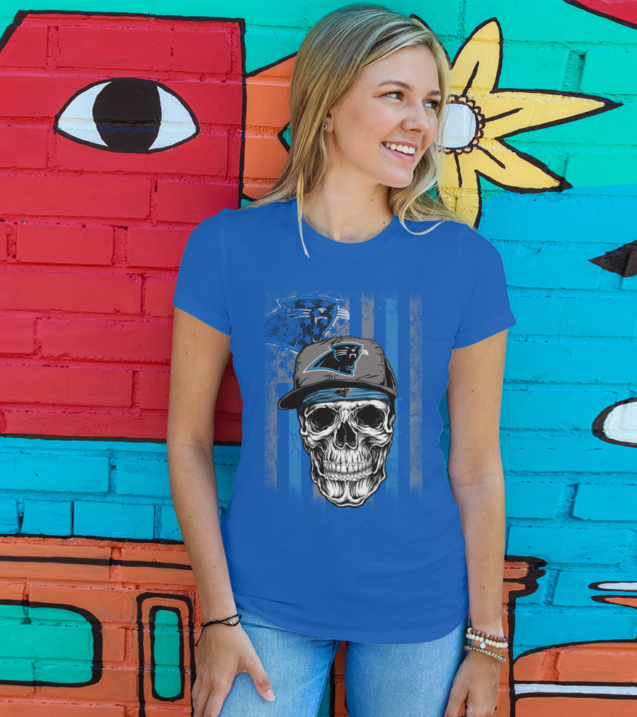 Carolina Panthers Skull With Hat And Striped T-Shirt
