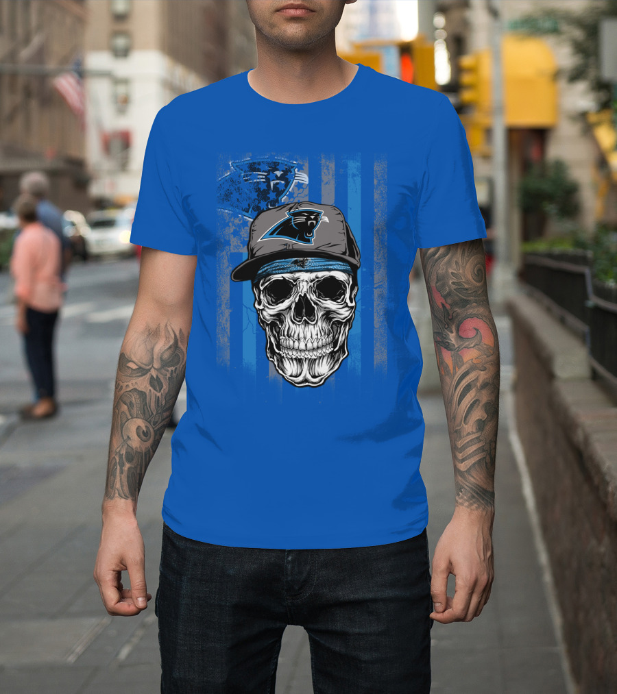 Carolina Panthers Skull With Hat And Striped T-Shirt