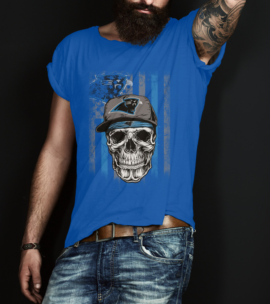 Carolina Panthers Skull With Hat And Striped T-Shirt