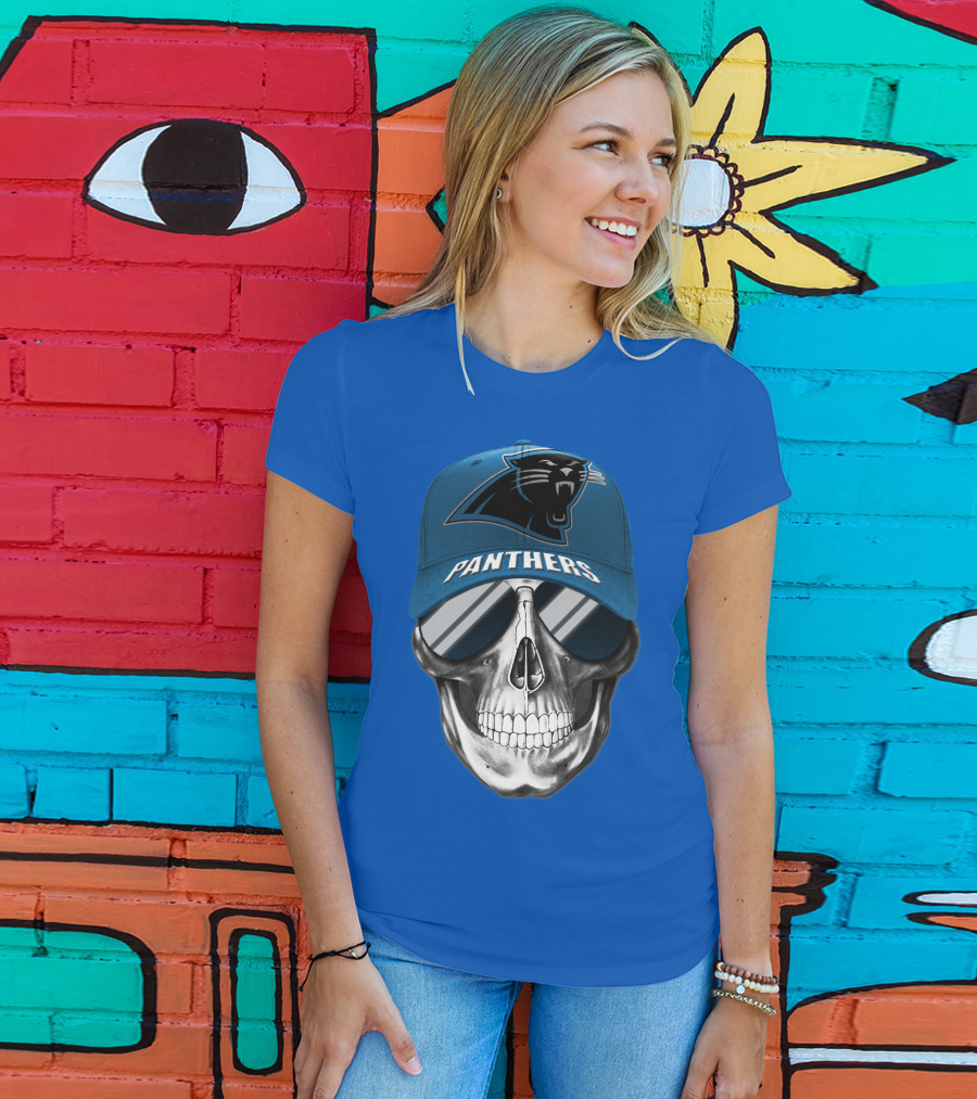 Carolina Panthers Skull Wearing Team Hat And Sunglasses T-Shirt