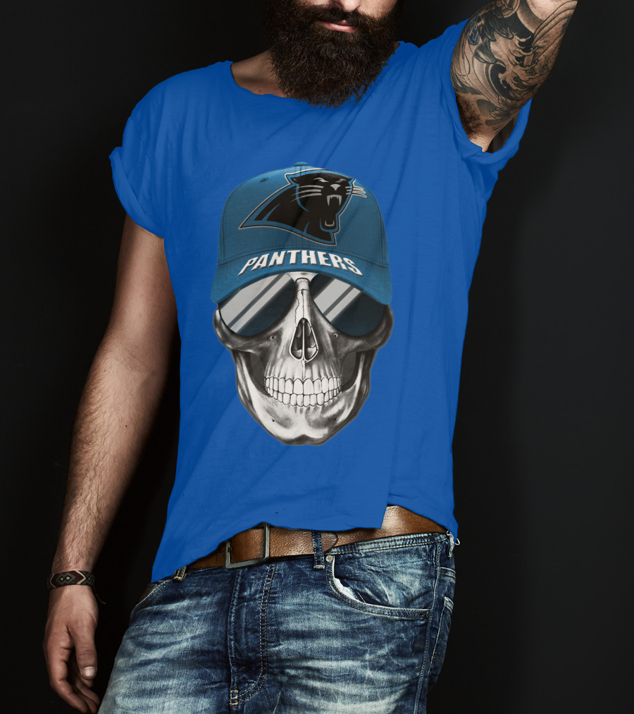 Carolina Panthers Skull Wearing Team Hat And Sunglasses T-Shirt