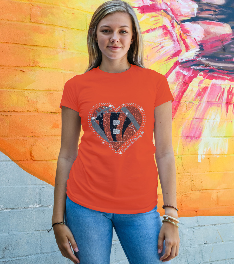Cincinnati Bengals Heart Sparkle Football T-Shirt
