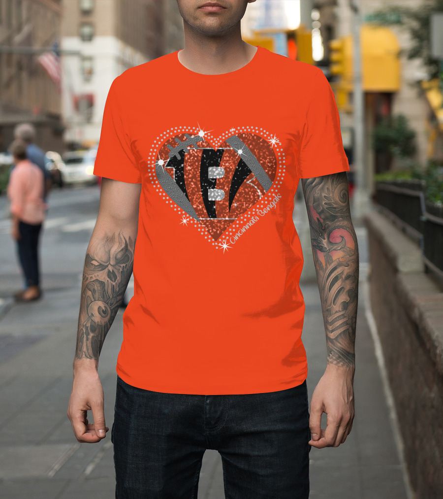 Cincinnati Bengals Heart Sparkle Football T-Shirt
