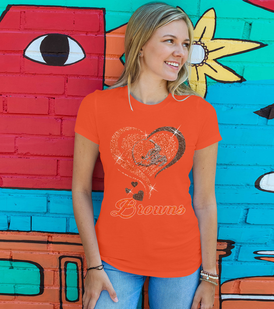 Browns Heart Helmet Sparkle Design Orange T-Shirt