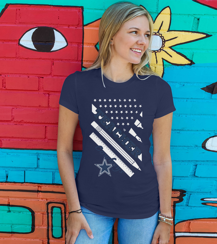 Teacher Dallas Cowboys Star American Flag Ruler And Pen T-Shirt