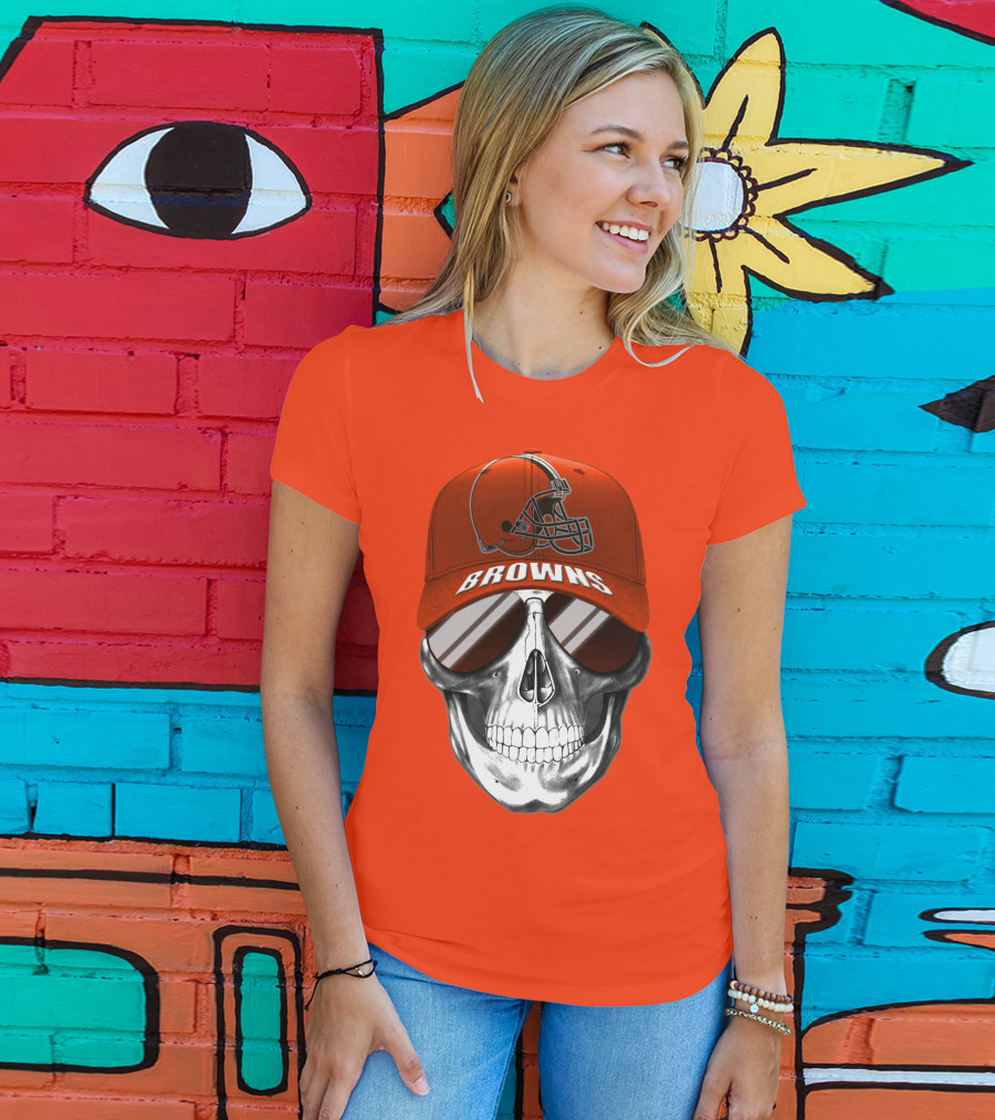 Cleveland Browns Skull Hat With Football Helmet Icon On Bright Orange T-Shirt