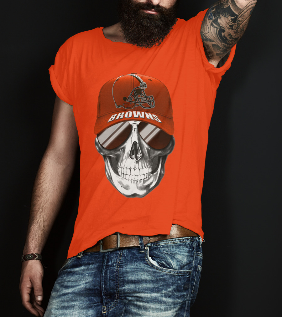 Cleveland Browns Skull Hat With Football Helmet Icon On Bright Orange T-Shirt