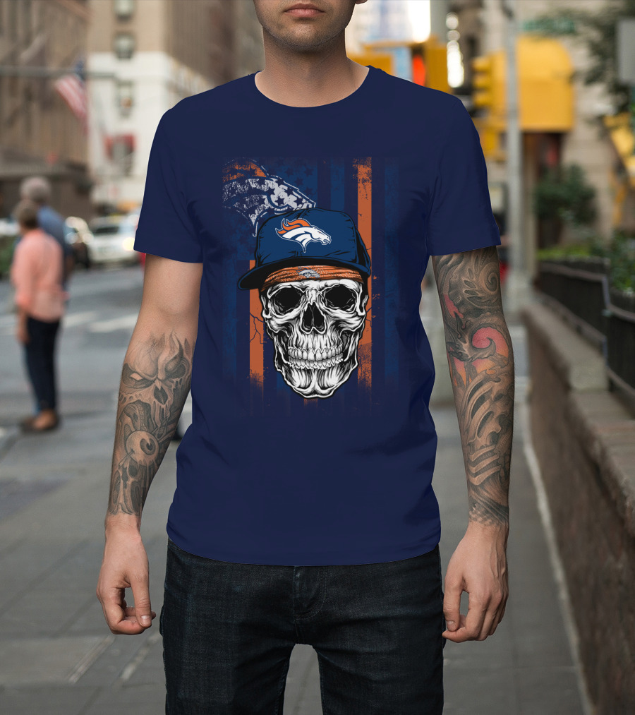 Denver Broncos Skull With Cap And Logo На Тёмно-Синем Фоне T-Shirt