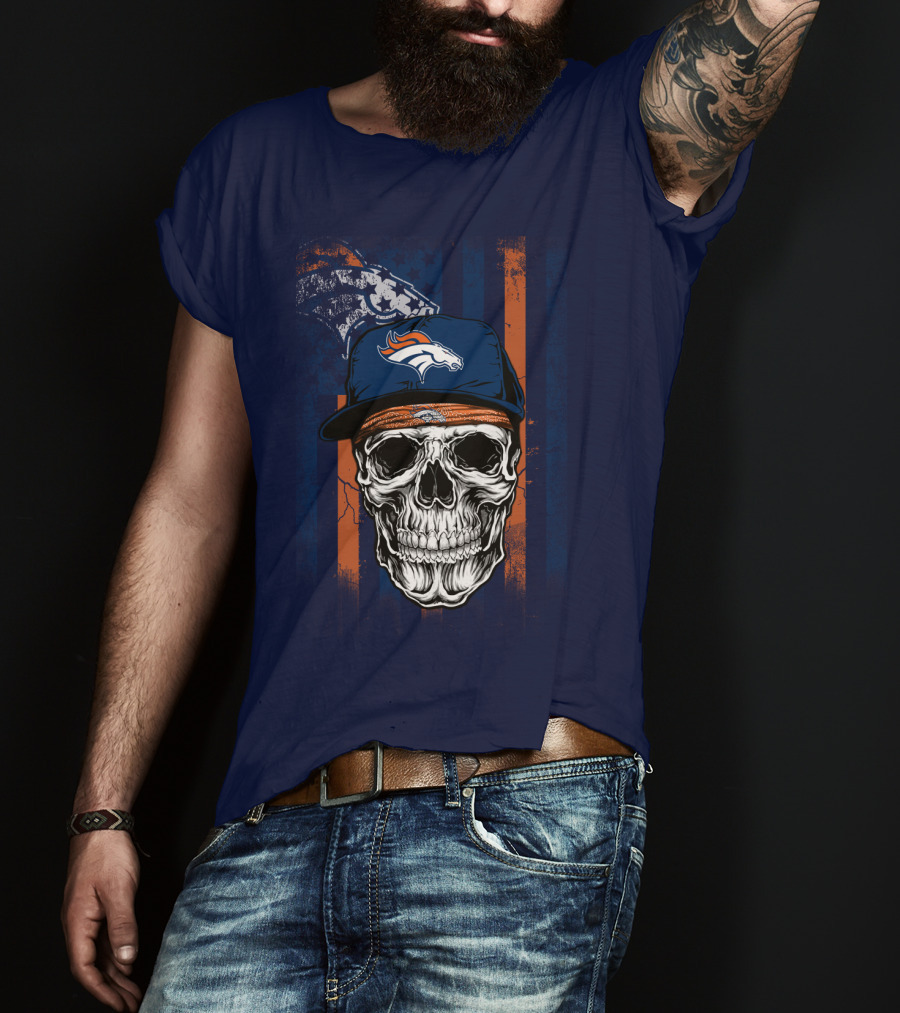 Denver Broncos Skull With Cap And Logo На Тёмно-Синем Фоне T-Shirt