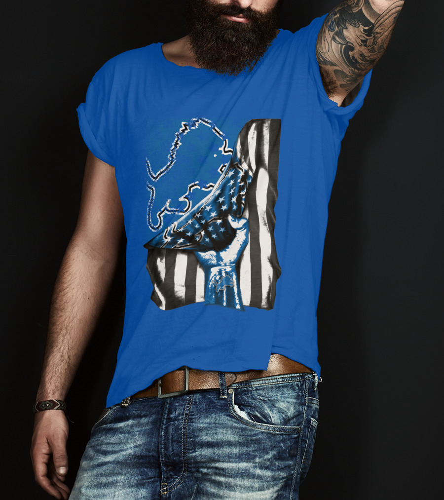 Detroit Lions Blue Lion Silhouette With American Flag Fist On Blue T-Shirt