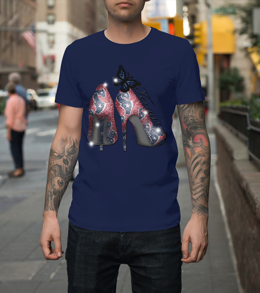 Texans High Heels With Butterfly Sparkle On Blue T-Shirt