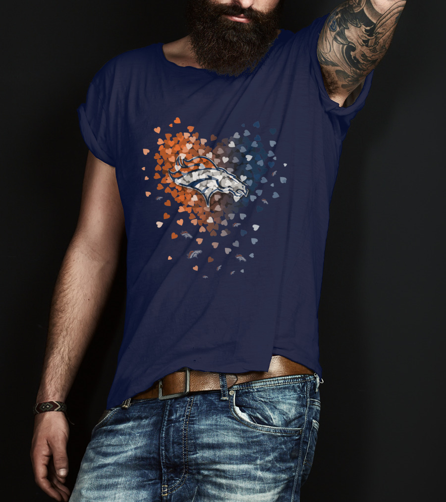 Denver Broncos Heart Logo With Orange And Blue Hearts T-Shirt
