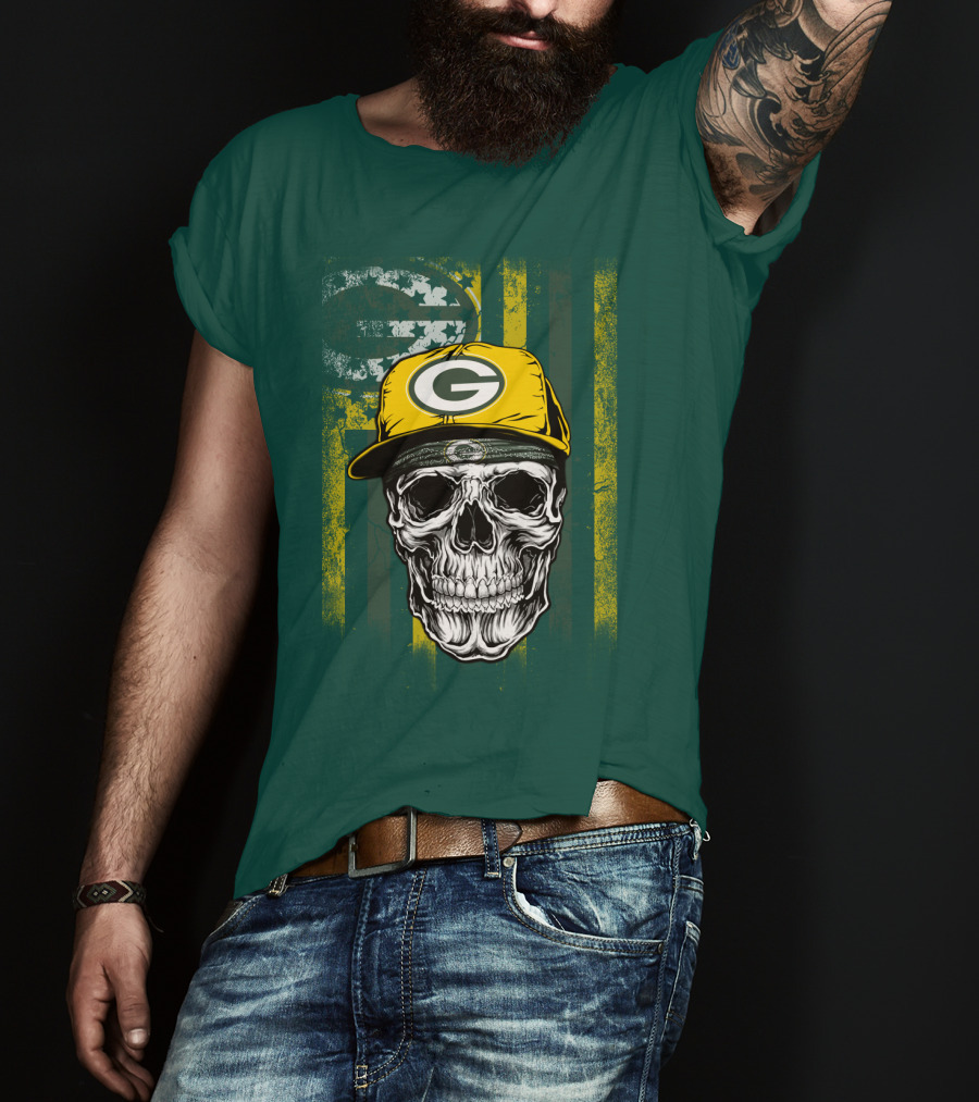 Green Bay Packers Skull With Cap And Distressed Flag T-Shirt