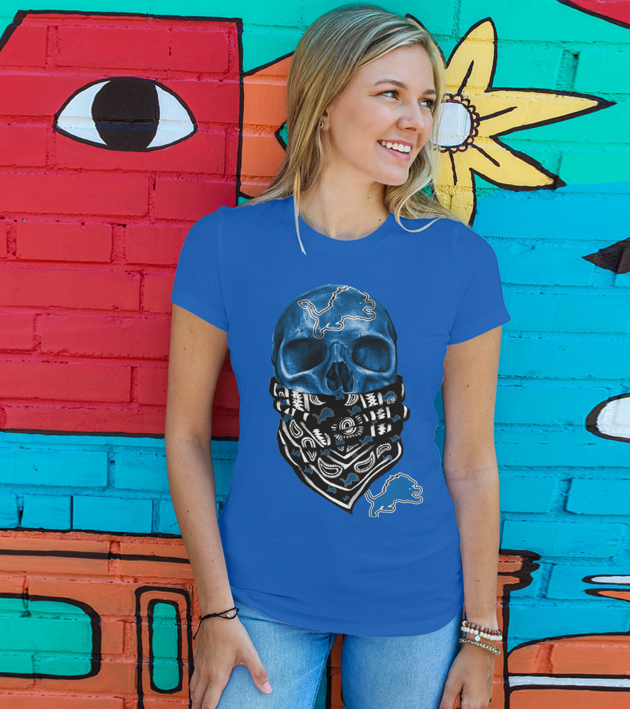 Detroit Lions Blue Skull Bandana Icon With Nfl Team T-Shirt