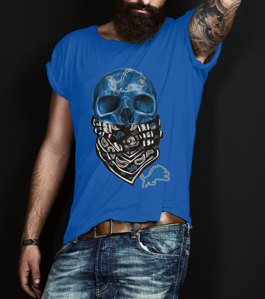 Detroit Lions Blue Skull Bandana Icon With Nfl Team T-Shirt