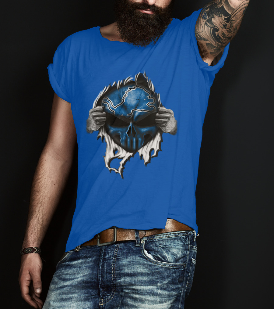 Detroit Lions Skull Design Blue Ripped Background T-Shirt