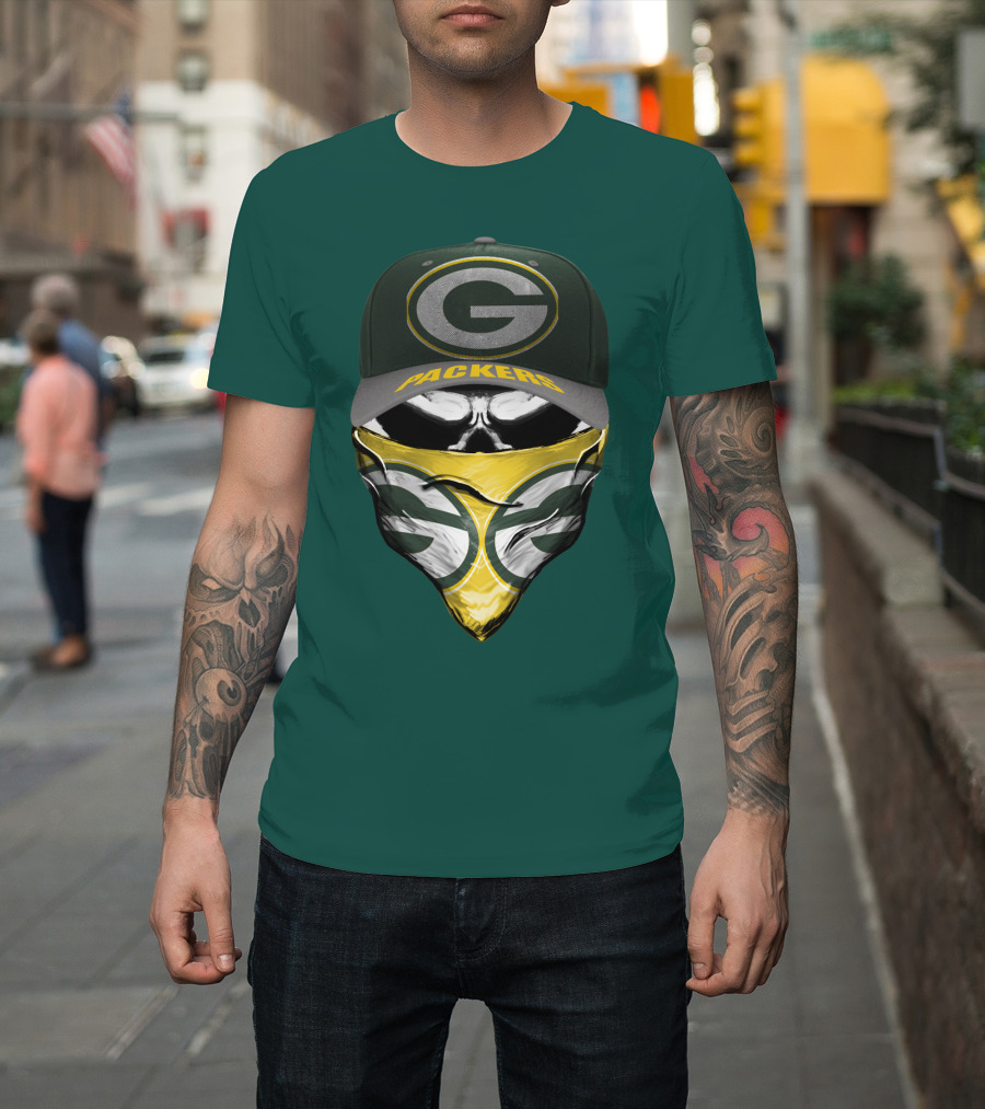 Green Bay Packers G Cap And Bandana Face Skull T-Shirt