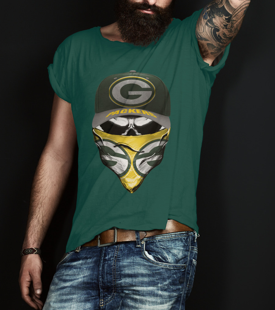 Green Bay Packers G Cap And Bandana Face Skull T-Shirt