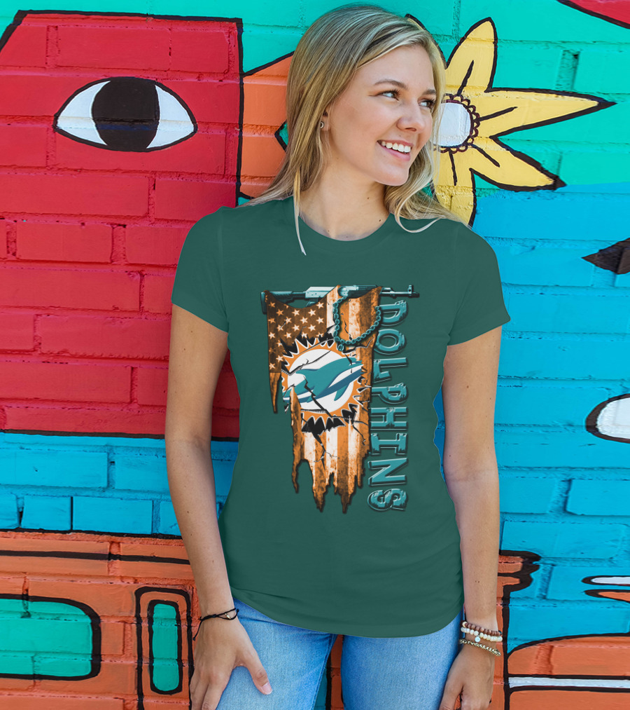 Miami Dolphins Flag And Logo Style With Stars And Stripes T-Shirt