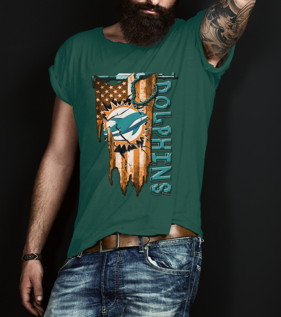 Miami Dolphins Flag And Logo Style With Stars And Stripes T-Shirt