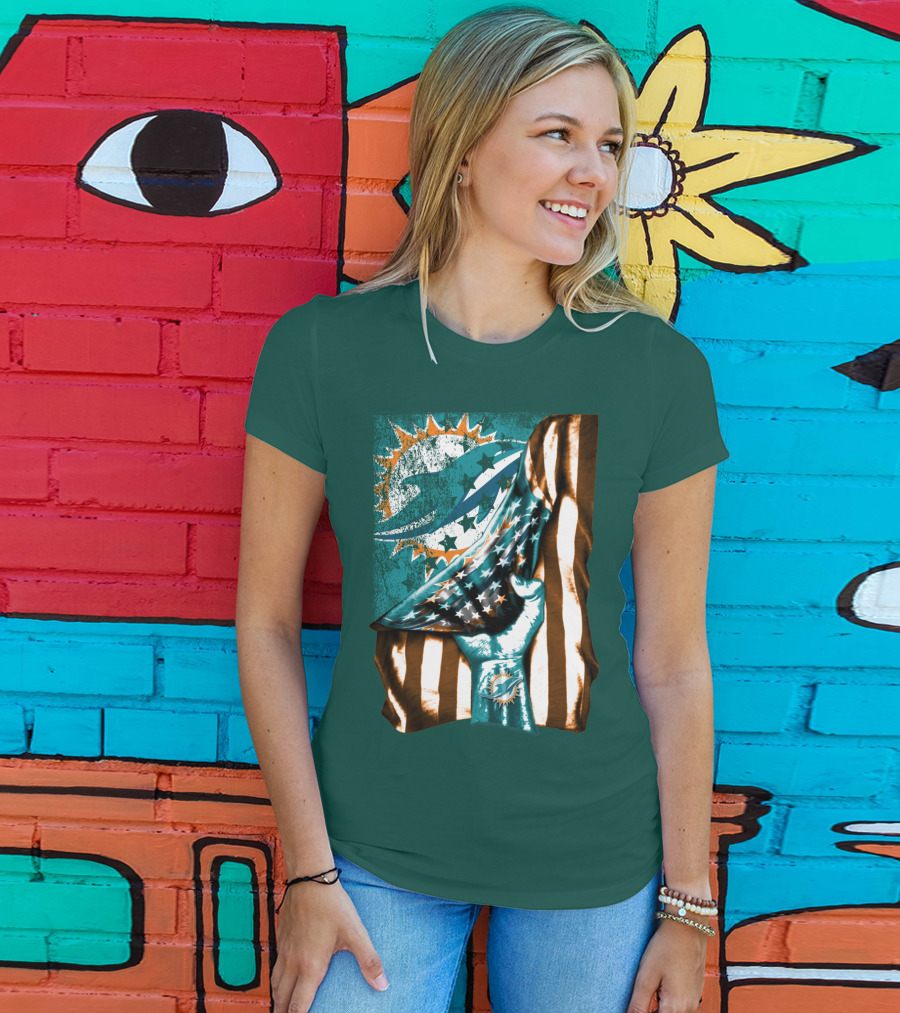 Miami Dolphins American Flag Hand Holding T-Shirt