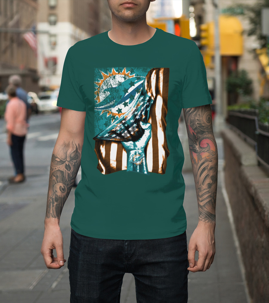 Miami Dolphins American Flag Hand Holding T-Shirt