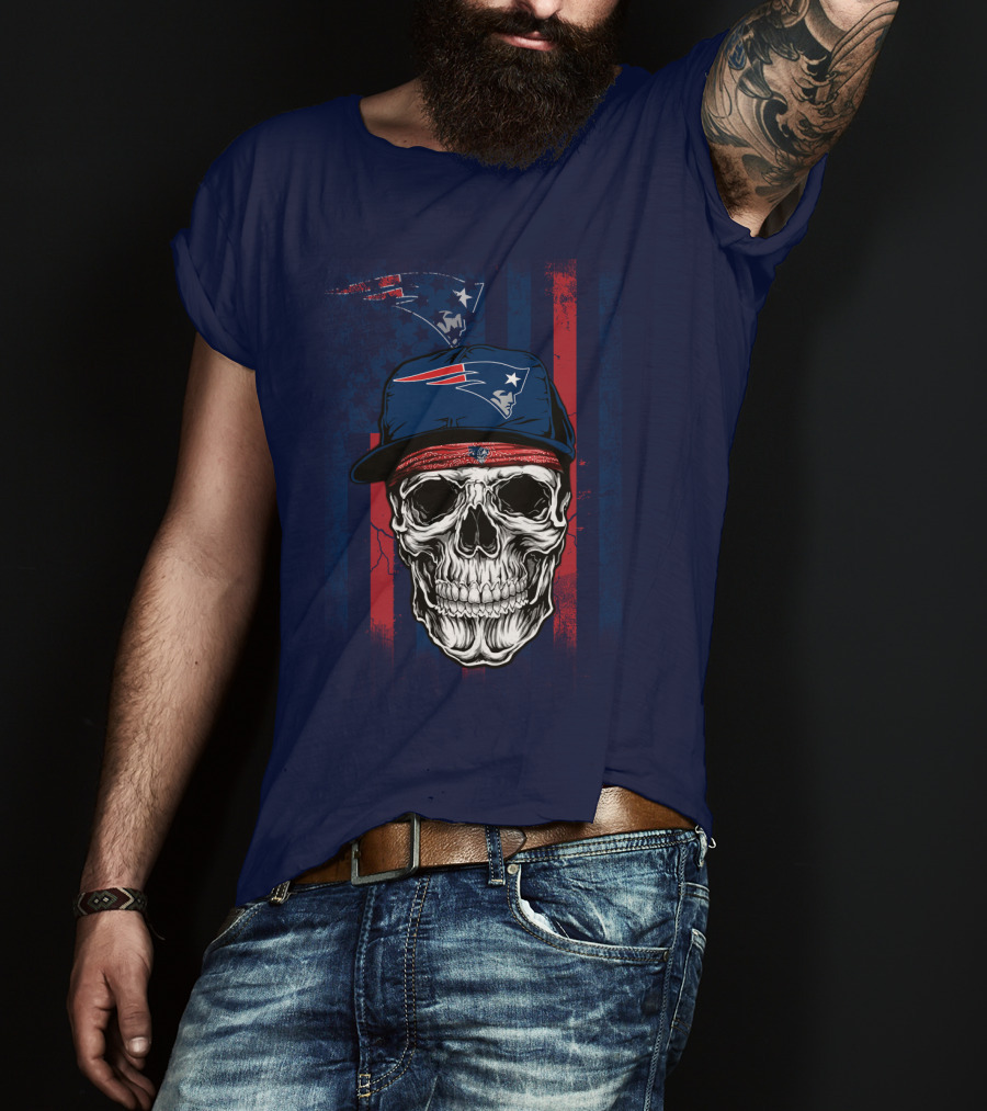 New England Patriots Skull With Cap And Red Blue Stripes T-Shirt