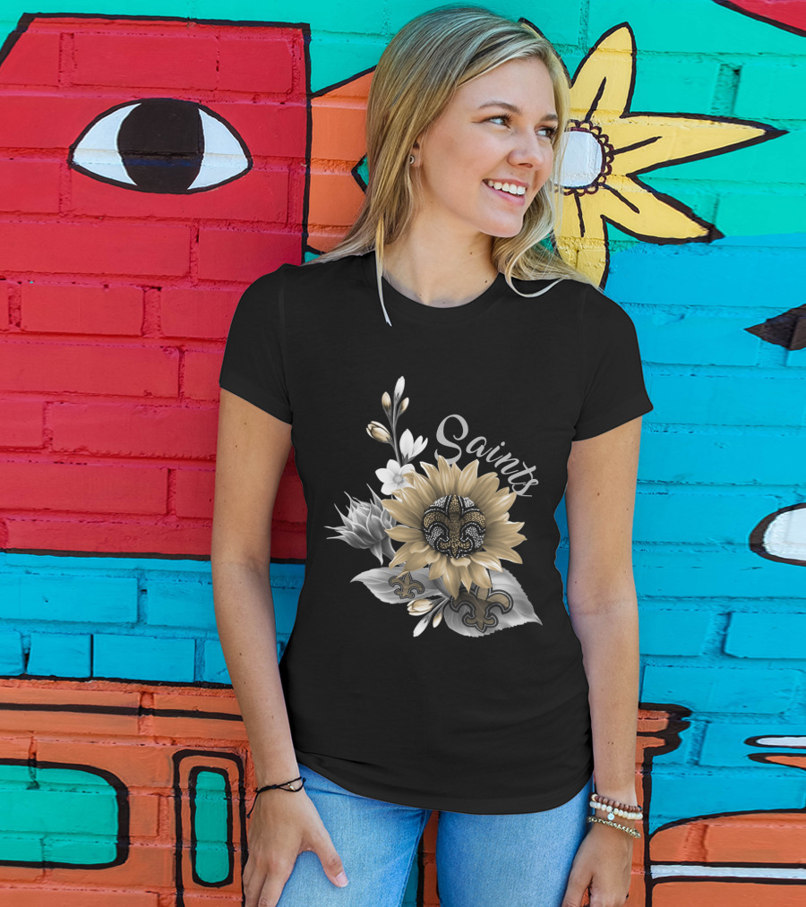 Saints Black And Gold Fleur-De-Lis Floral T-Shirt