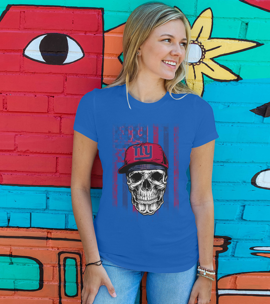 Ny Giants Skull With Red Cap On Blue T-Shirt
