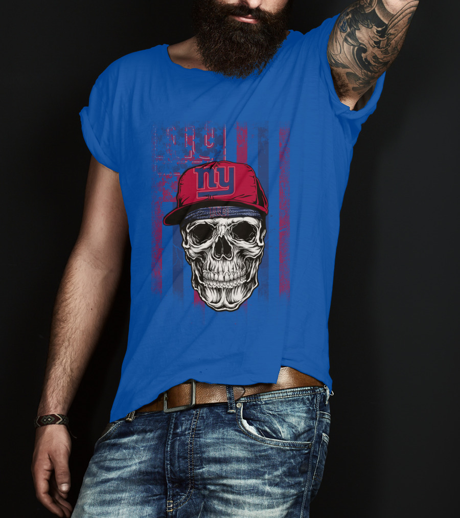 Ny Giants Skull With Red Cap On Blue T-Shirt