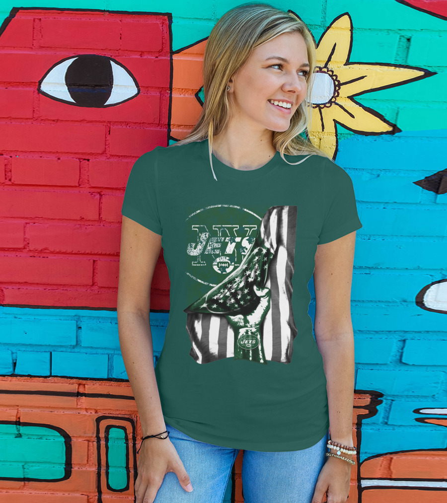 New York Jets Logo With Green And White American Flag And Number One Foam Finger T-Shirt