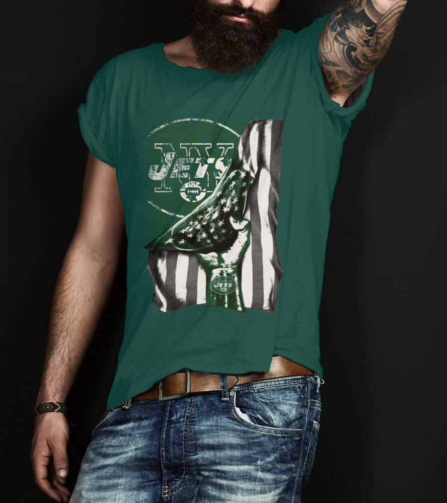 New York Jets Logo With Green And White American Flag And Number One Foam Finger T-Shirt