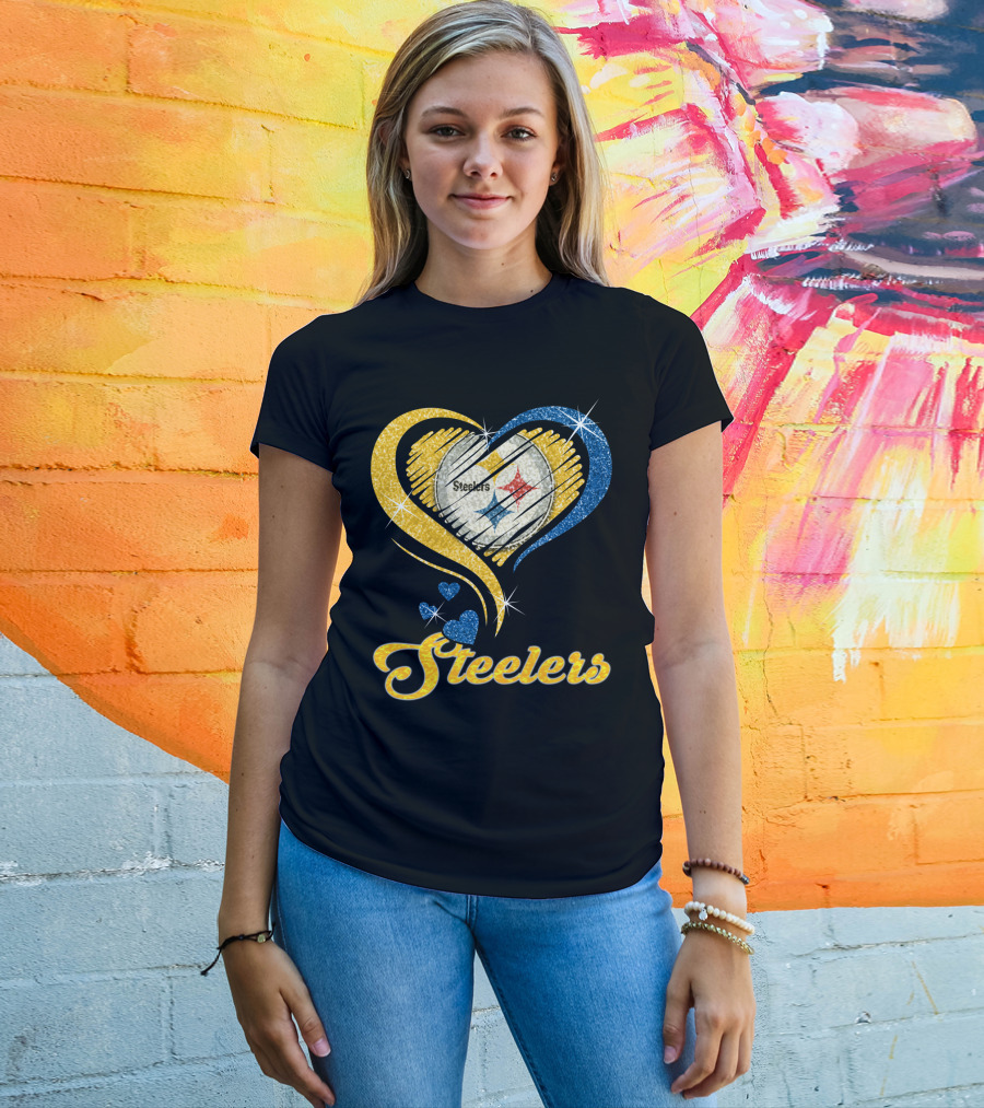 Pittsburgh Steelers Heart And Stars Glitter T-Shirt