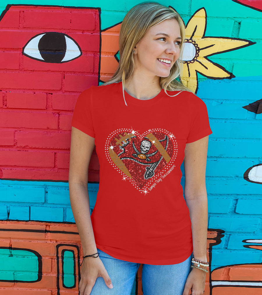 Tampa Bay Buccaneers Heart Logo With Football And Sword Elements T-Shirt