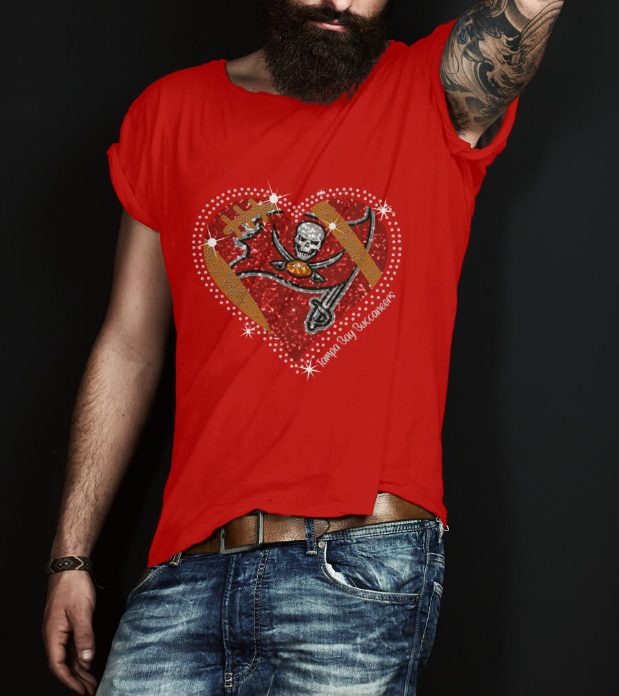 Tampa Bay Buccaneers Heart Logo With Football And Sword Elements T-Shirt