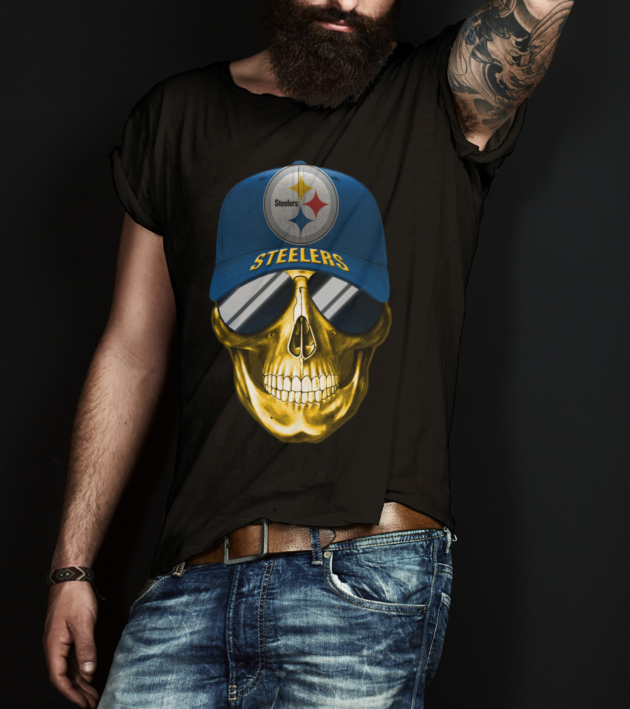 Pittsburgh Steelers Skull Wearing Reflective Sunglasses And Branded Cap T-Shirt