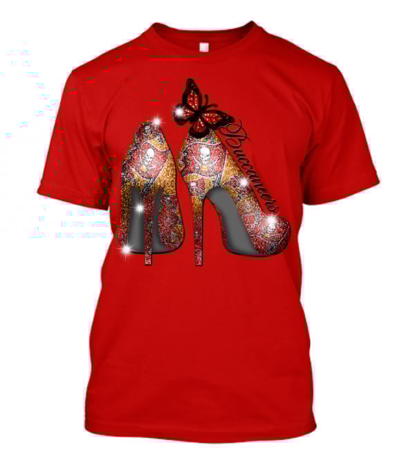 Buccaneers Heels With Red And Gold Skull Pattern Butterfly Accent T-Shirt