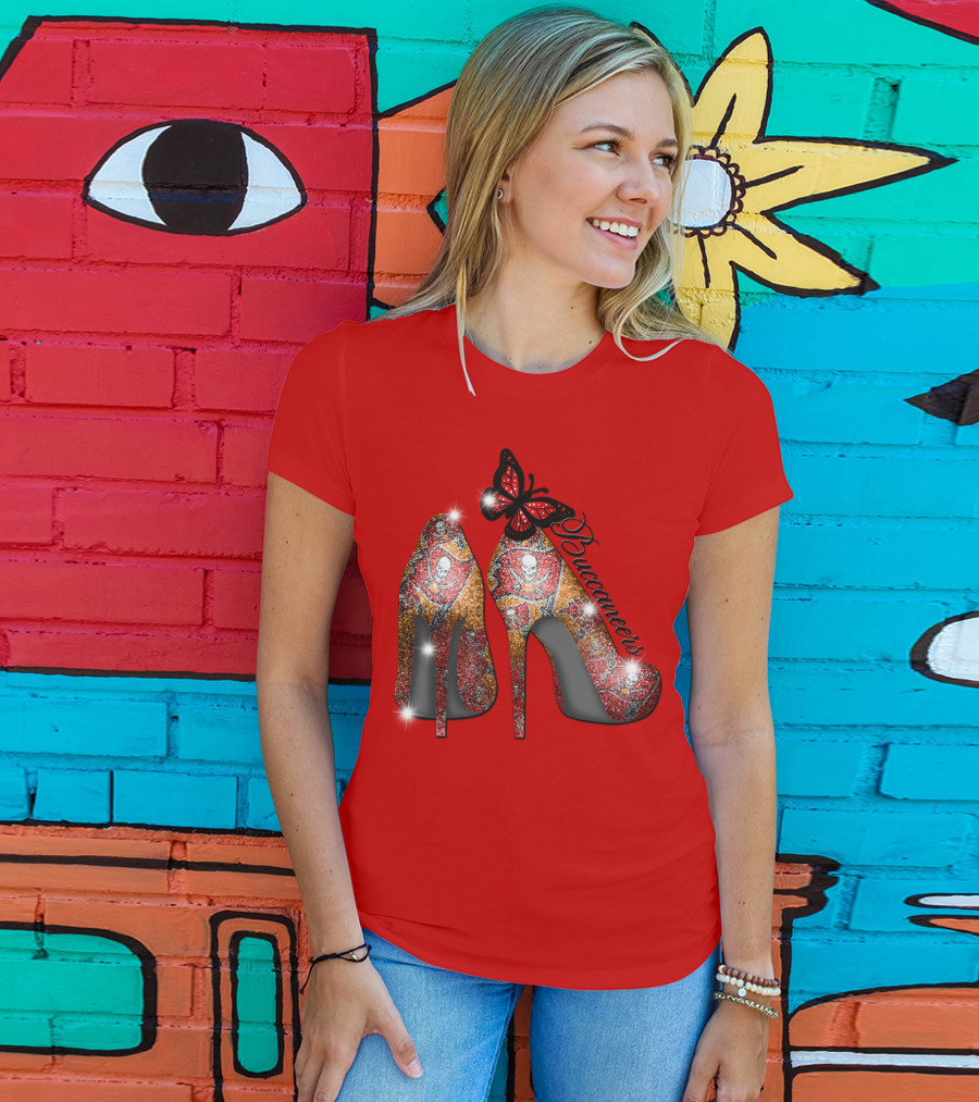 Buccaneers Heels With Red And Gold Skull Pattern Butterfly Accent T-Shirt