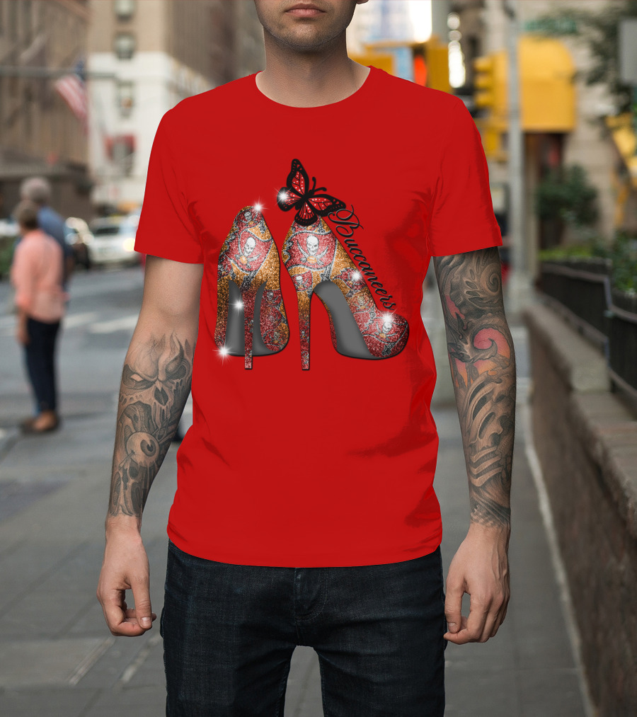 Buccaneers Heels With Red And Gold Skull Pattern Butterfly Accent T-Shirt