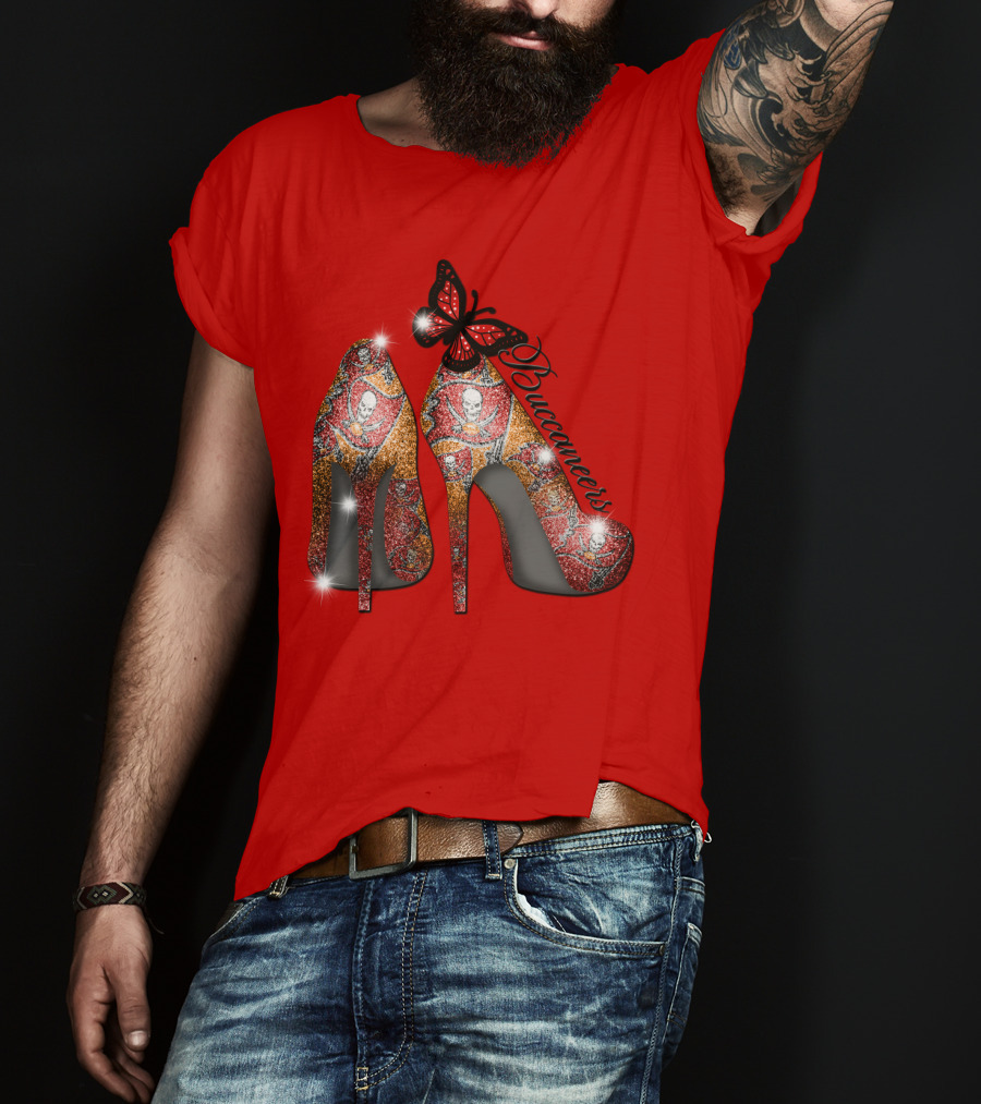 Buccaneers Heels With Red And Gold Skull Pattern Butterfly Accent T-Shirt