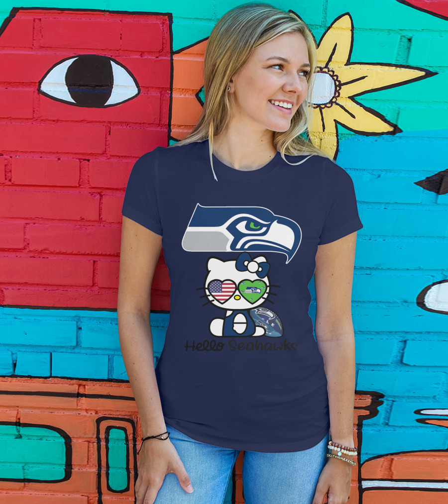 Seattle Seahawks Hello Kitty With Heart Eyes American Flag T-Shirt