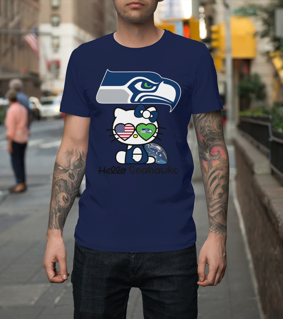 Seattle Seahawks Hello Kitty With Heart Eyes American Flag T-Shirt