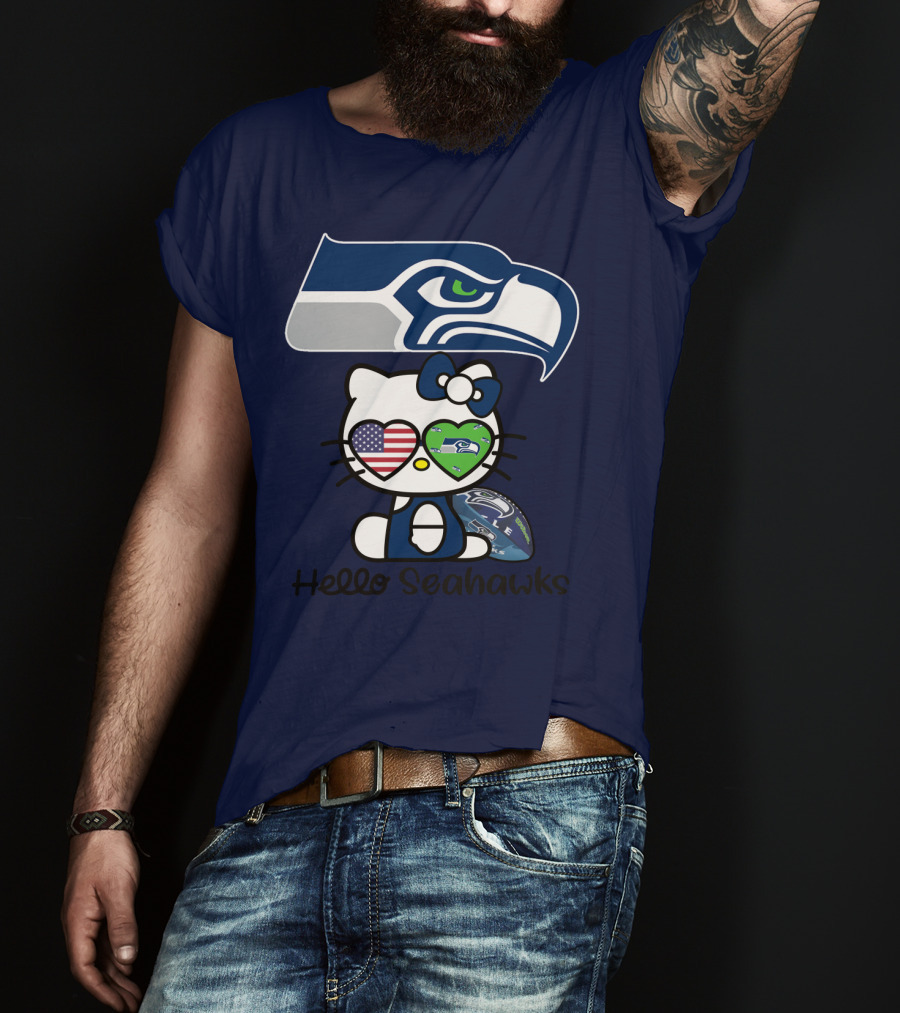 Seattle Seahawks Hello Kitty With Heart Eyes American Flag T-Shirt