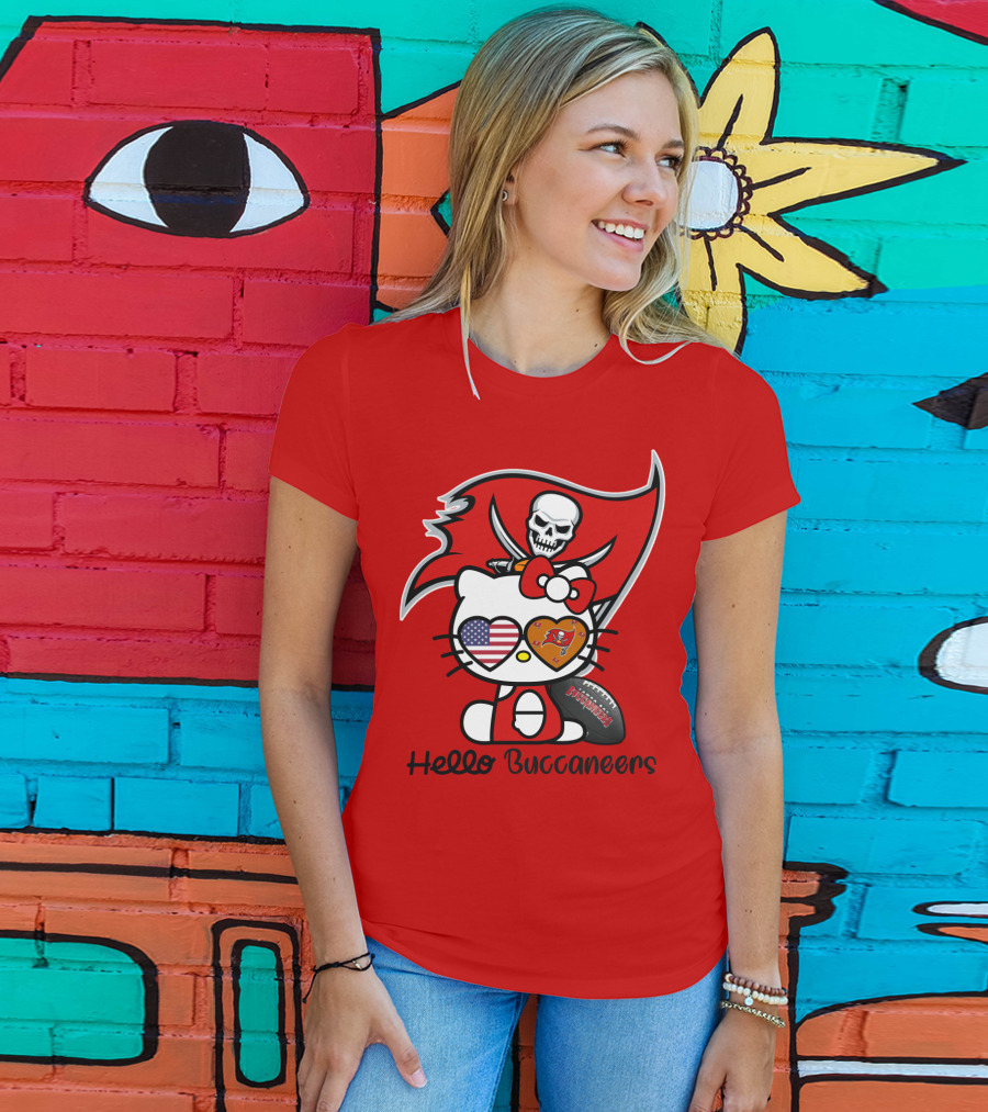 Hello Buccaneers Tampa Bay Buccaneers Football Skull Flag Kitty T-Shirt