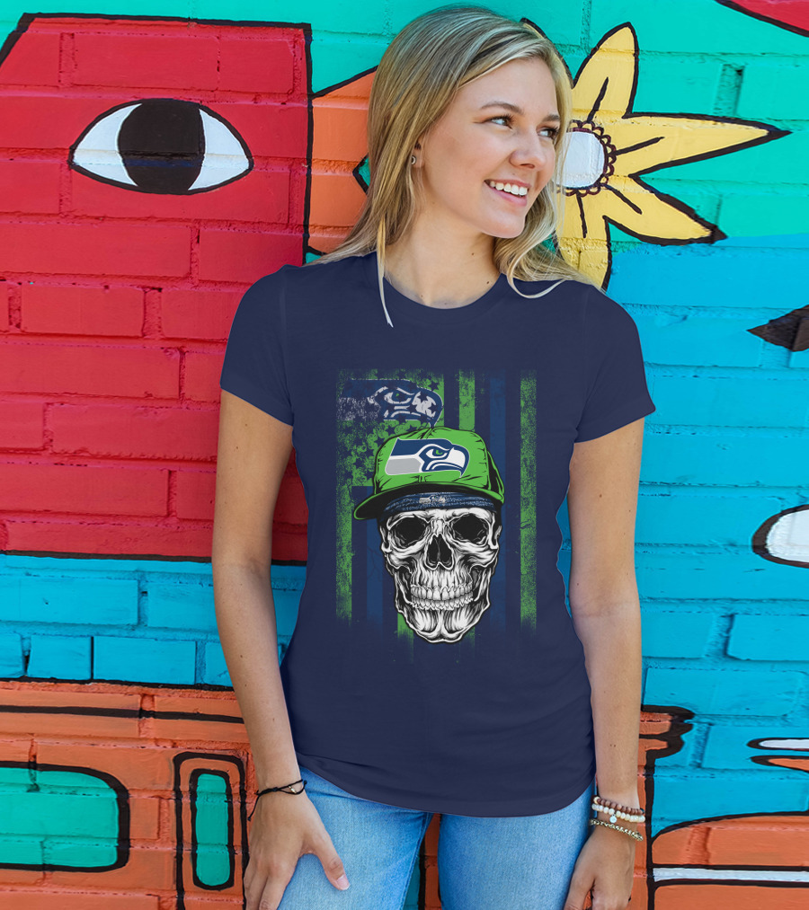 Seattle Seahawks Skull Cap Logo Grunge Style T-Shirt
