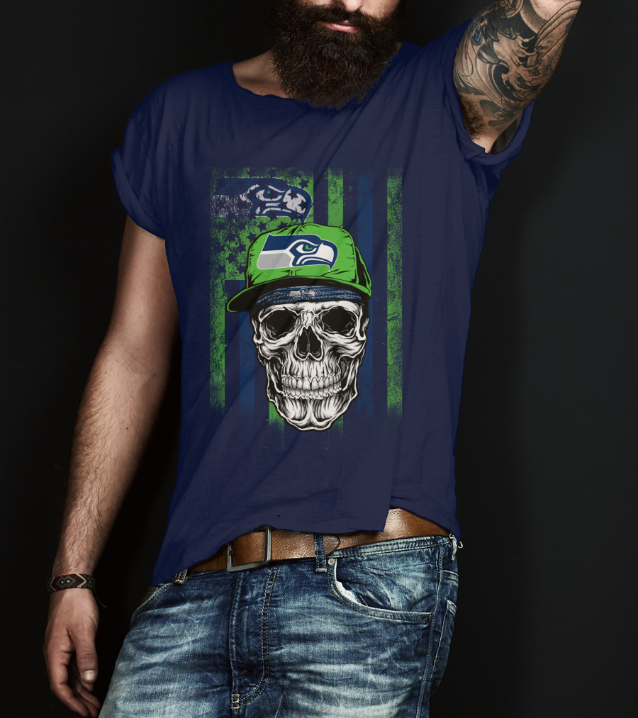 Seattle Seahawks Skull Cap Logo Grunge Style T-Shirt