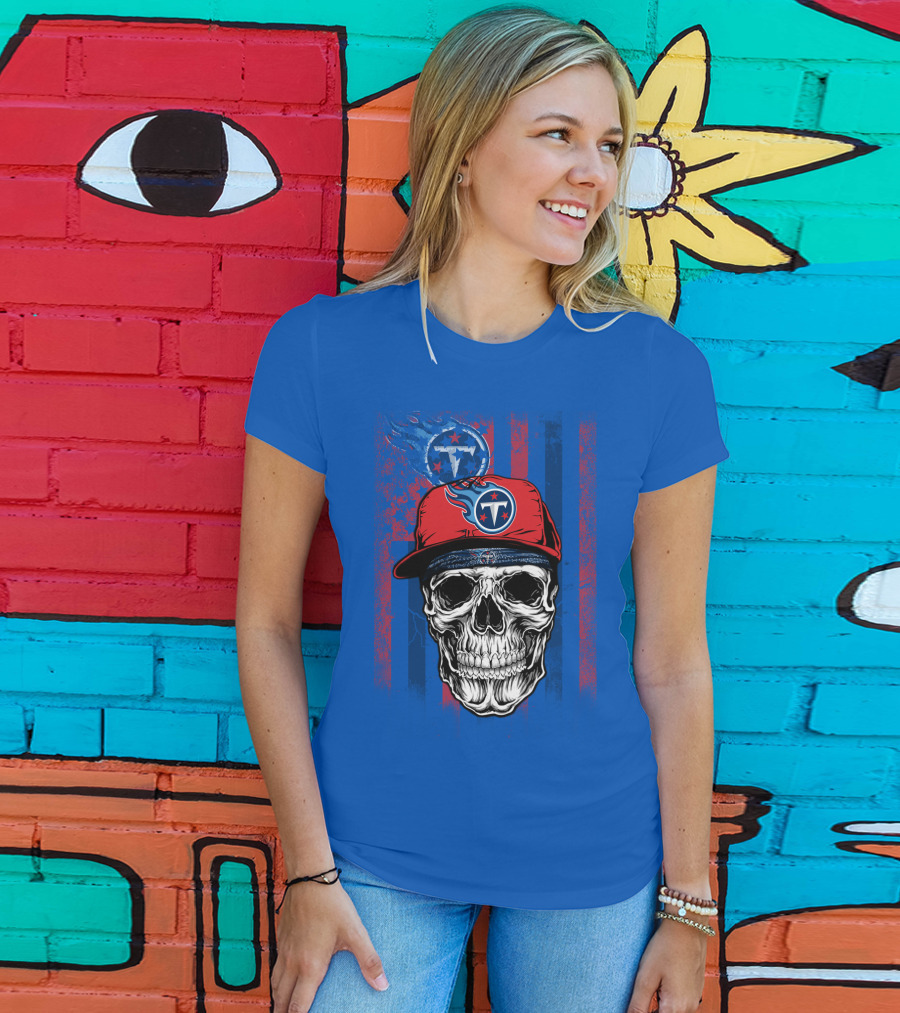 Tennessee Titans Skull With Cap Logo And Stripes T-Shirt