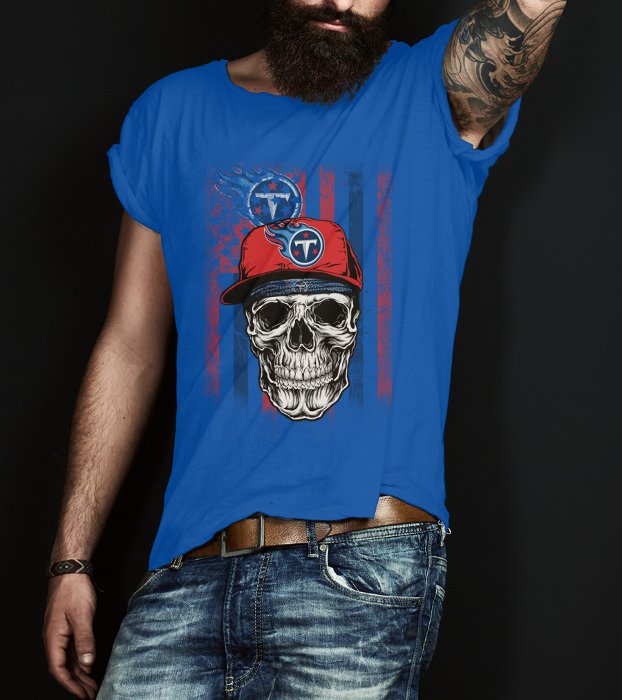 Tennessee Titans Skull With Cap Logo And Stripes T-Shirt
