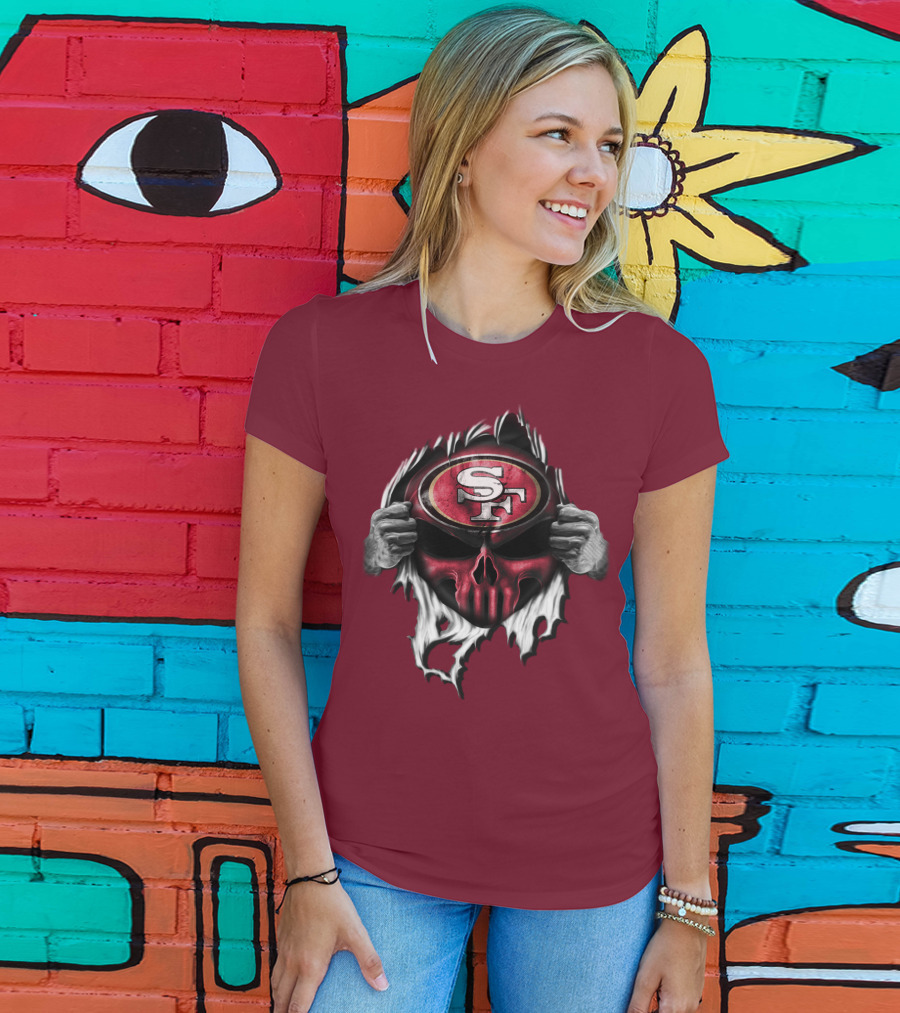 San Francisco 49ers Skull Sf Emblem Red Torn T-Shirt